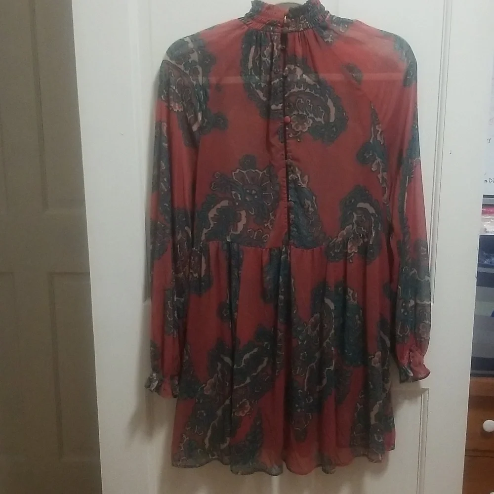 Free People Moonstruck XS Dress Paisley Baby Doll Dress Long Sleeve & Pockets